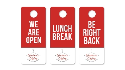 custom marketing flyer design: door hangers - lunch break, be right back, we are open